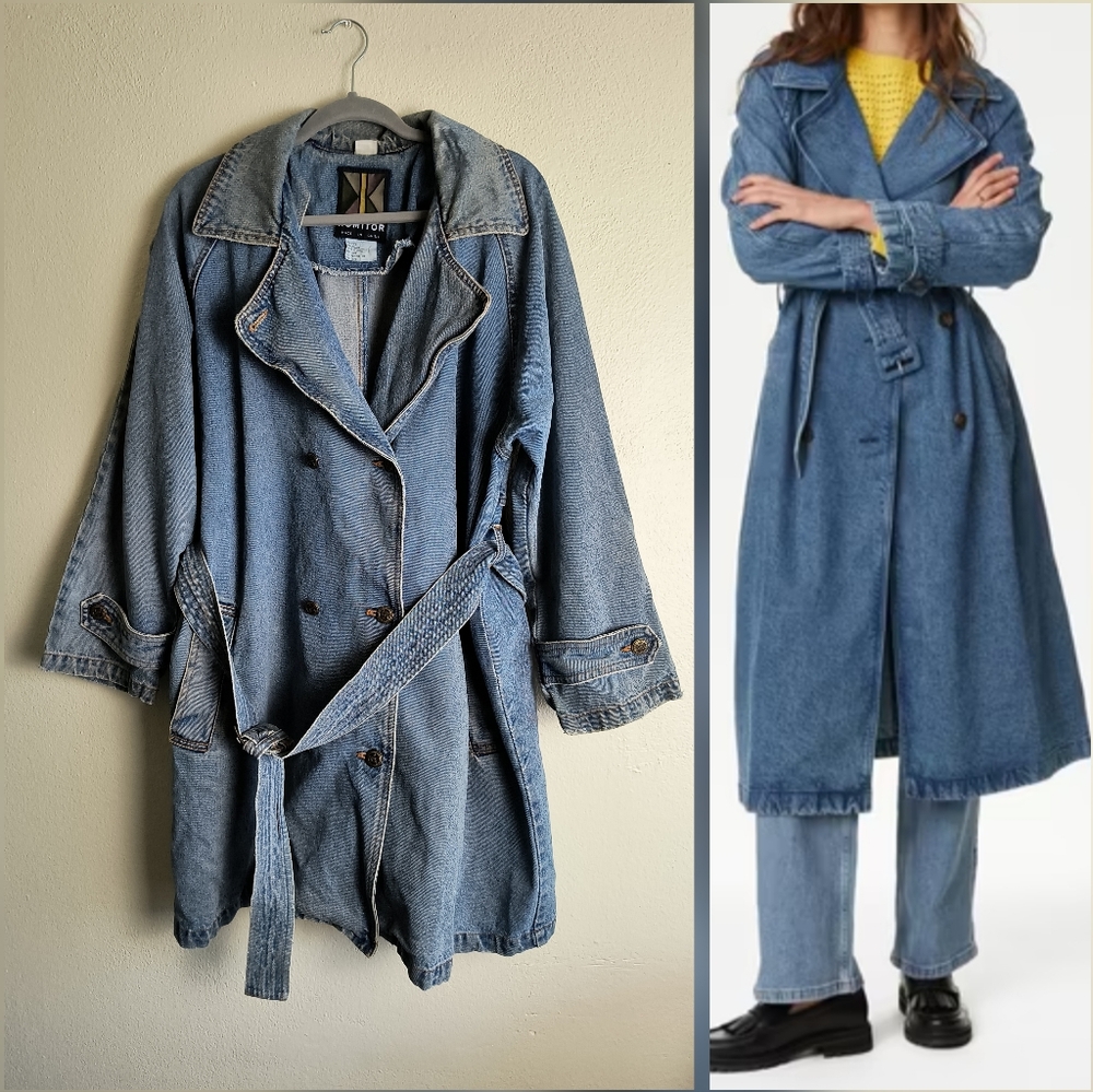 Blue Denim Trench Coat with Classic Collar and Belt 14/16 Oversized Vintage